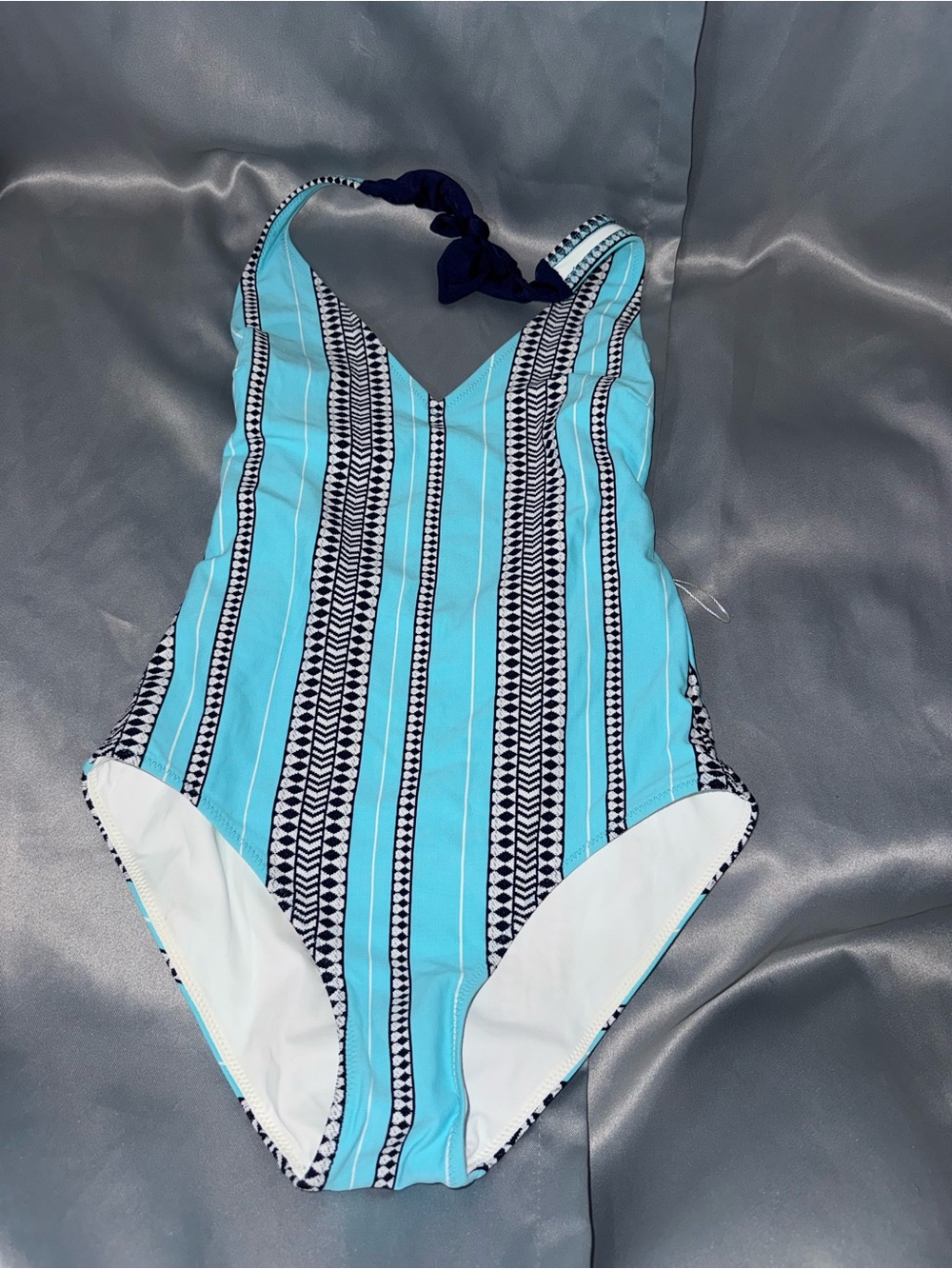 Lemlem Aqua and Navy Striped Girls One-Piece Swimsuit